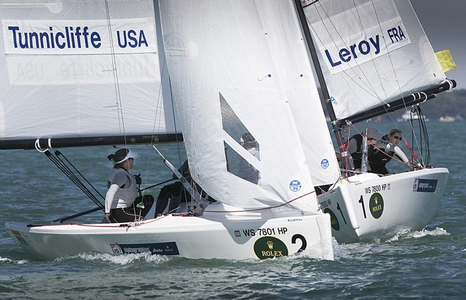Women&rsquo;s Match Race champs from France: FRA1, Claire Leroy, Elodie Bertrand, Marie Riou, US second place finishers Anna Tunnicliffe, Molly O&rsquo;Bryan Vandemoer, Debbie Capozzi. - Rolex Miami OCR 2011 &copy;  Rolex/Daniel Forster http://www.regattanews.com
